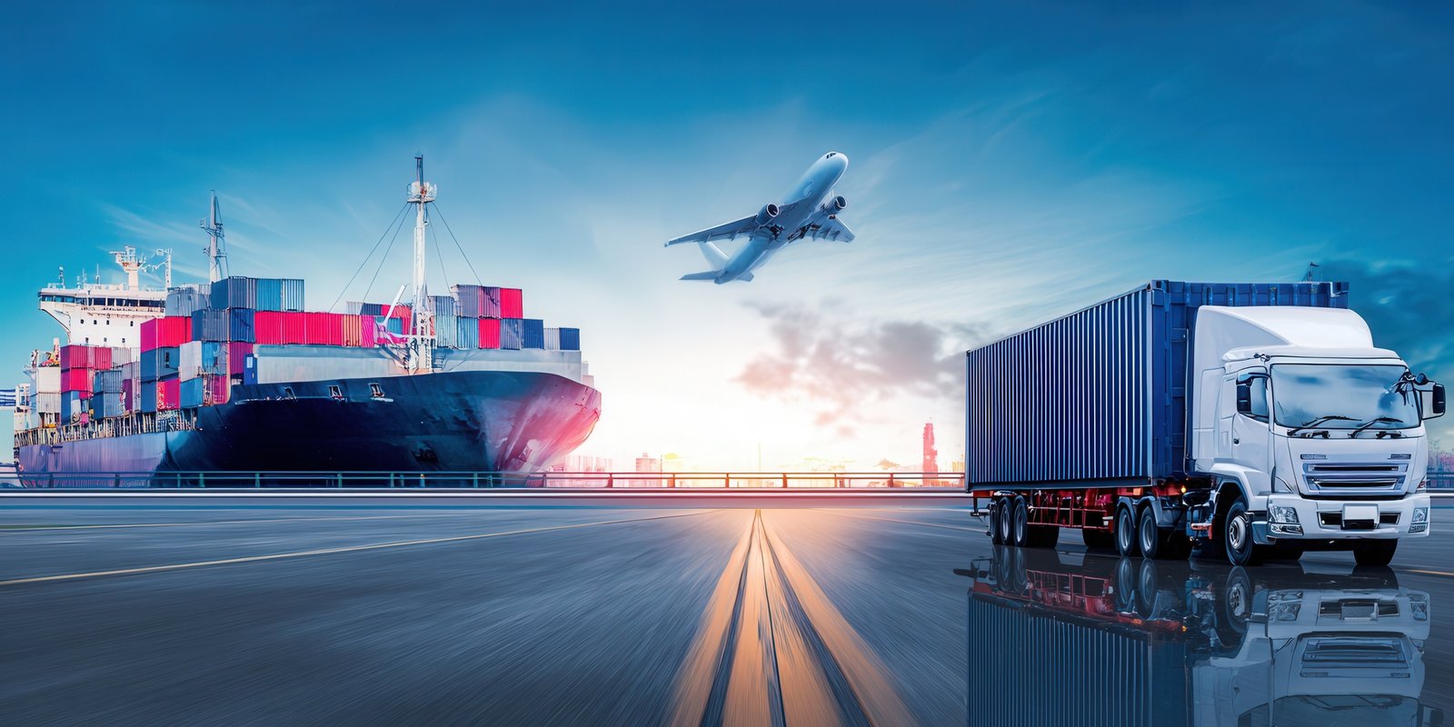 Global transportation concept featuring a cargo ship, airplane, and a truck on a road