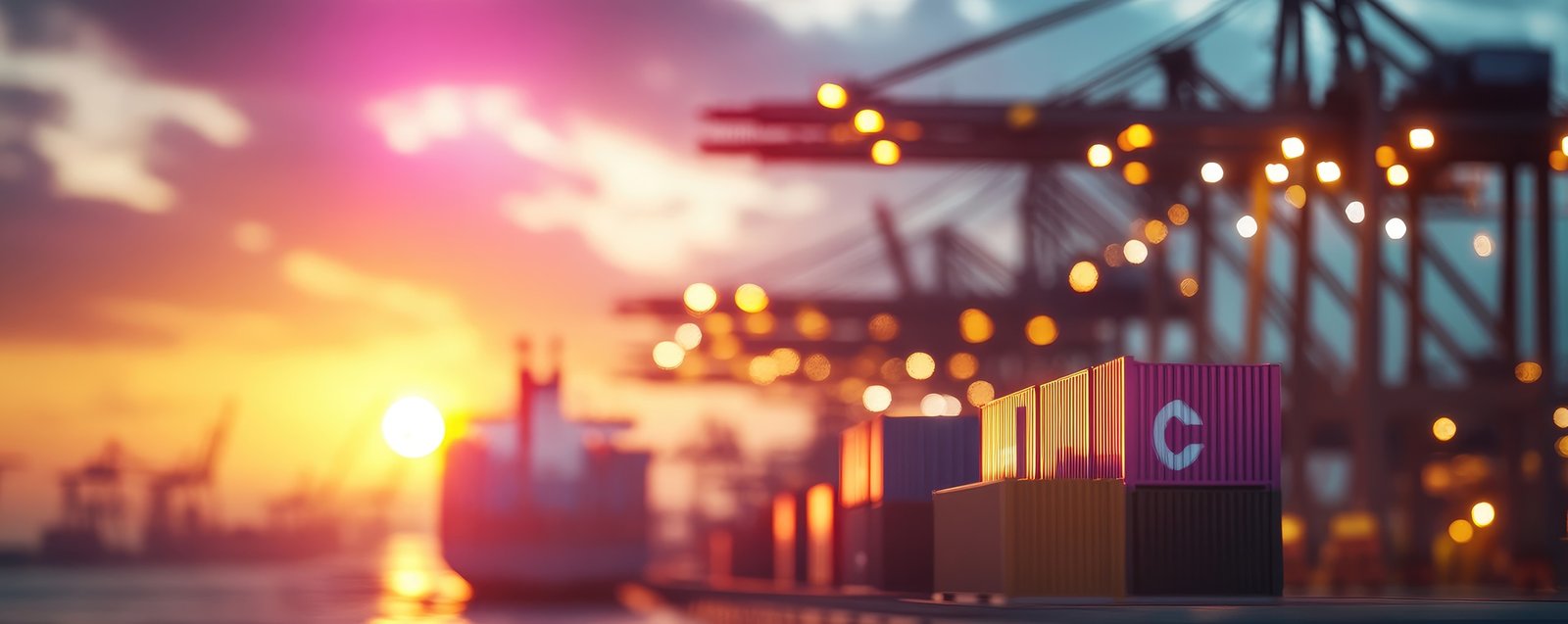 Vibrant port sunset maritime container ship cargo operations and global trade logistics